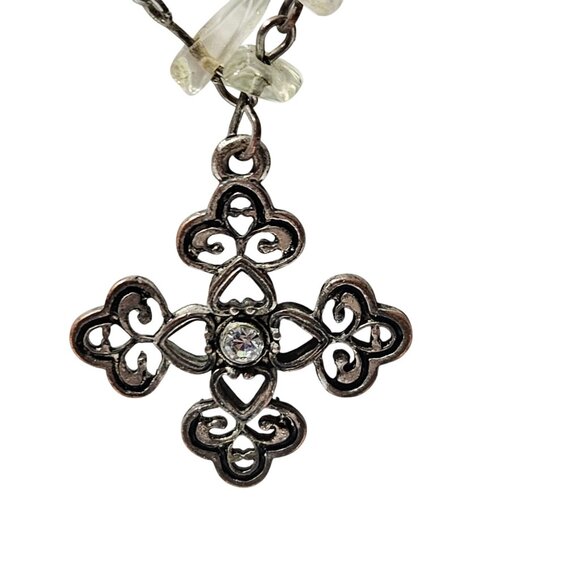 Vintage Green Gemstone Filigree Cross Necklace Religious Spiritual Jewelry - Picture 3 of 7